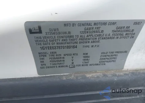 2007 Cadillac Srx V6 z USA, uszkodzony, nr VIN 1GYEE637870189164